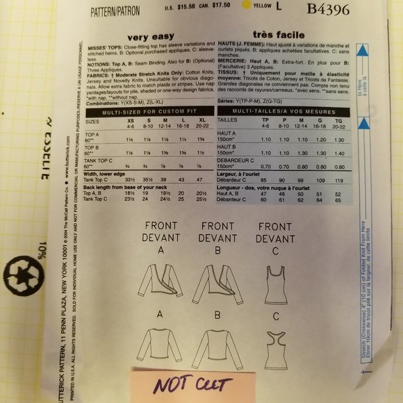 ✅B4396 BUTTERICK UNCUT MISSES TOPS 3 STYLES SZ XS-M - Picture 3 of 5